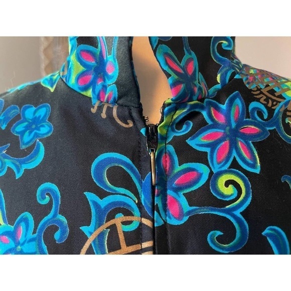 Alice Polynesian Womens Nehru Tiki Jacket Blue Floral Zip Up Mandarin Vintage M - Picture 7 of 12